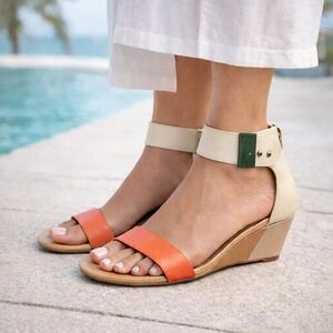 Sam Edelman Sophie Leather Wedge Sandals Coral Beige Ankle Strap Womens Size 7.5